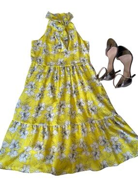 Eliza J Yellow Floral Dress with White & Gray Blooms